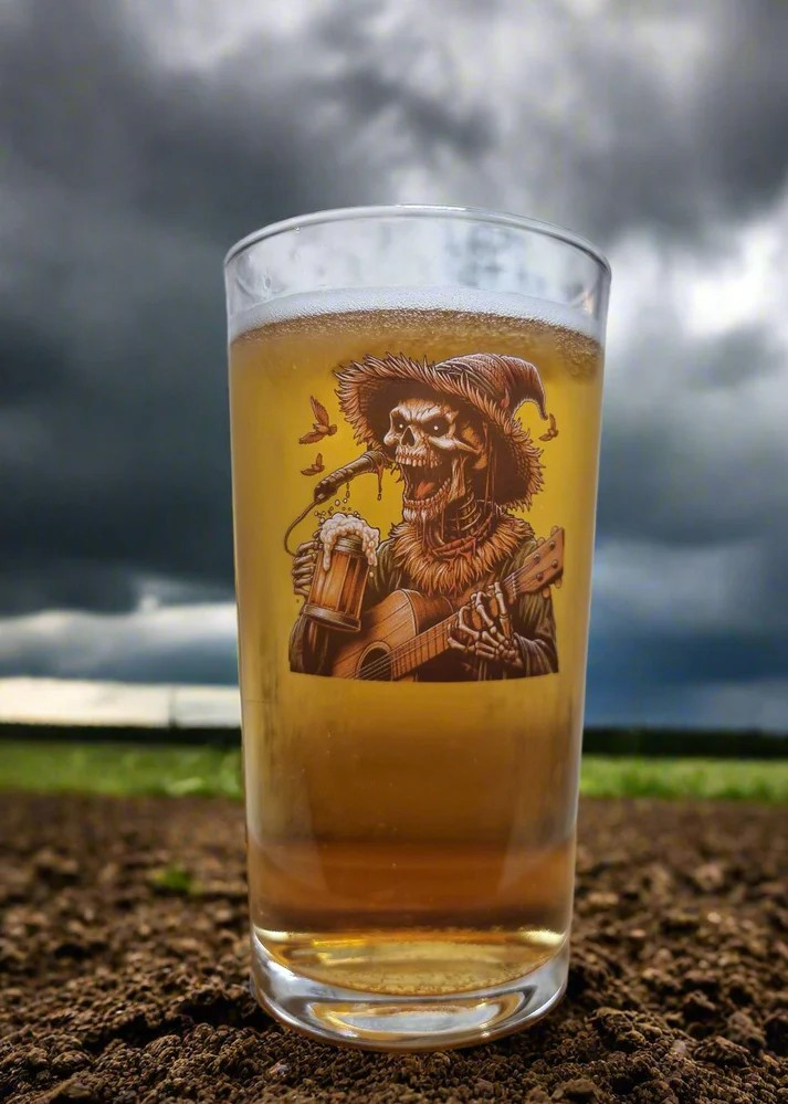 Halloween Horror Beer Glass – Skeleton Scarecrow Playing Guitar Custom Design