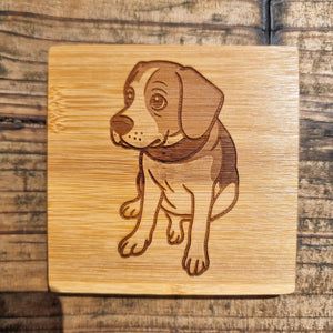 engraved bamboo coasters personalised with dog image logo, sustainable branded merchandise