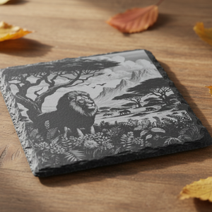 Personalised slate or bamboo coaster featuring a highly detailed engraved lion design, natural texture with intricate linework, perfect for animal lovers, wildlife-themed gift, or unique home décor accessory.