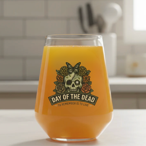 Personalised stemless wine glass with floral butterfly sugar skull Day of the Dead design, unique gift for her