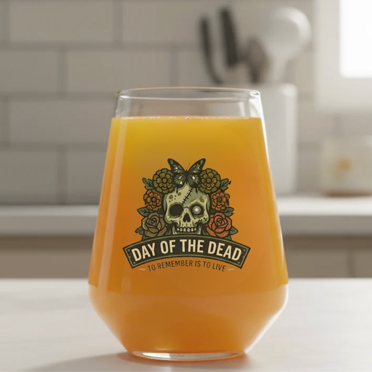 Personalised stemless wine glass with floral butterfly sugar skull Day of the Dead design, unique gift for her