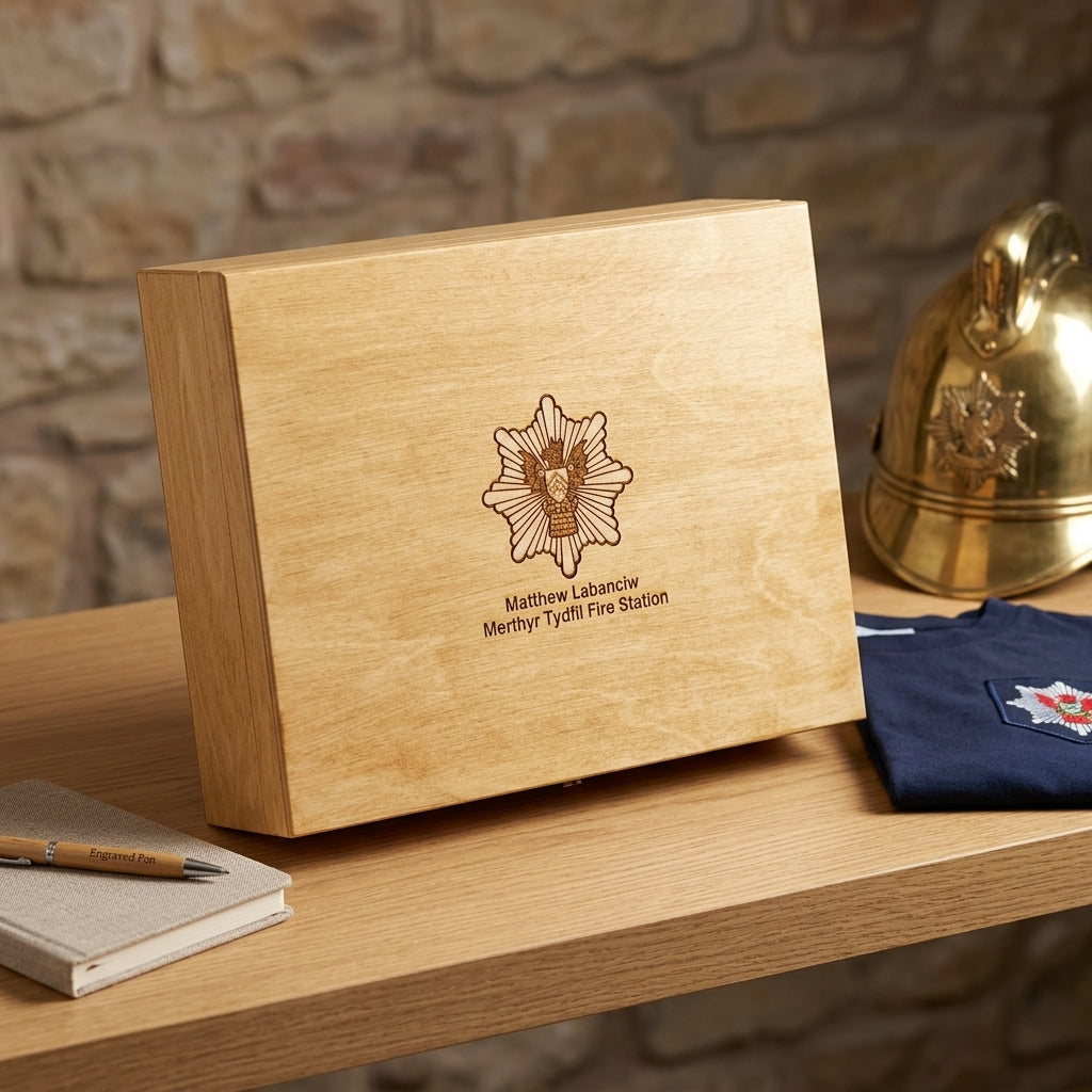 A personalised wooden keepsake box engraved with a firefighter badge and the text 'Matthew Leboucher Merthyr Tyffi Fire Station', displayed on a wooden table next to a navy blue shirt and a brass helmet against a stone wall background.