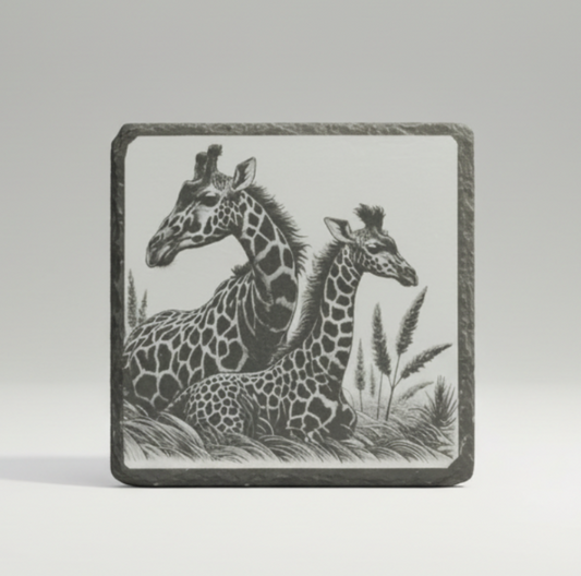 Pair of Giraffe Engraved Slate / Bamboo Coaster - Gift for Animal Lover First Glass Designs