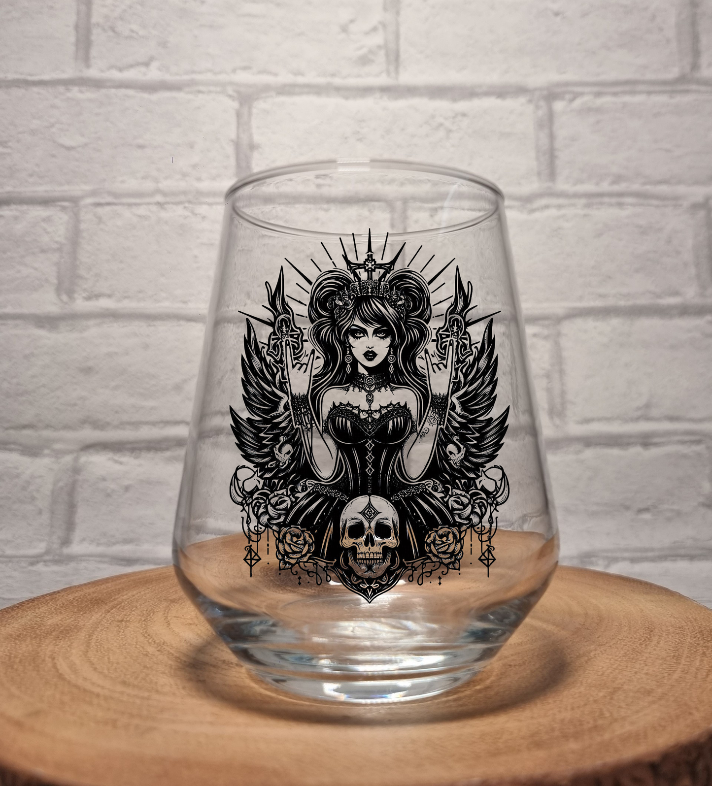 Gothic Angel Skull Princess Glass, Personalised Birthday Gift For Goth, Whiskey, Beer, Cider Glass