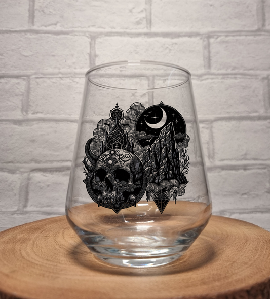 Gothic Sun & Moon Skull Glass, Featuring Bats & Eagles, Personalised Birthday Gift Idea For Goth Lovers, Whiskey, Beer, Cider Glass