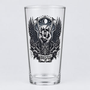 Custom printed pint glass featuring a rock and metal skull design with personalised name and age banner