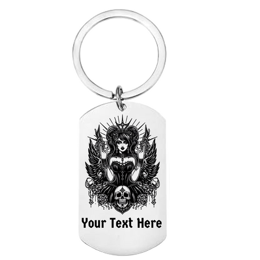 Personalised Gothic Queen dog tag keyring with dark fantasy design – gift for goth lovers, birthdays, and alternative style collectors.