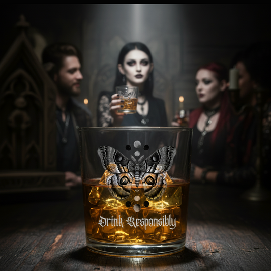 Close-up of gothic moth whiskey glass showing fine-line tattoo style illustration and gothic blackletter personalisation text