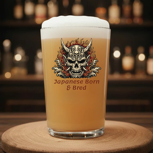 Pint glass with Japanese Hannya mask and flames design, novelty beer gift for him