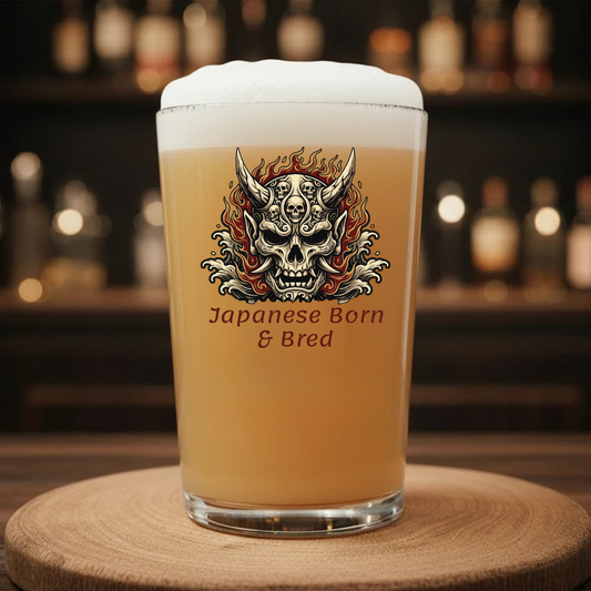 Pint glass with Japanese Hannya mask and flames design, novelty beer gift for him
