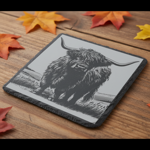 Personalised slate or bamboo coaster engraved with a detailed Highland cow illustration, showing its iconic long horns and shaggy coat, rustic and charming design, perfect for animal lovers or as a countryside-themed gift.