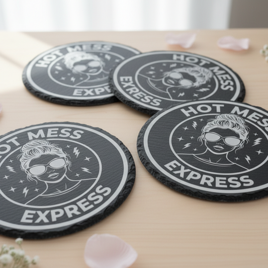 Set of four Hot Mess Express slate coasters with messy bun design, funny gift for her