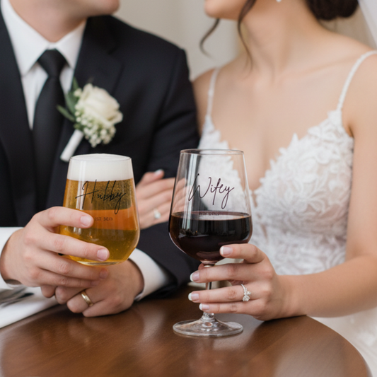 Husband and wife drinking from personalised Hubby and Wifey stemless glasses, unique wedding gift for couples