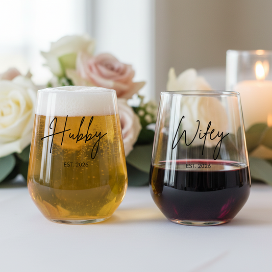 Personalised Hubby and Wifey stemless glass set with EST. year, wedding gift for bride and groom