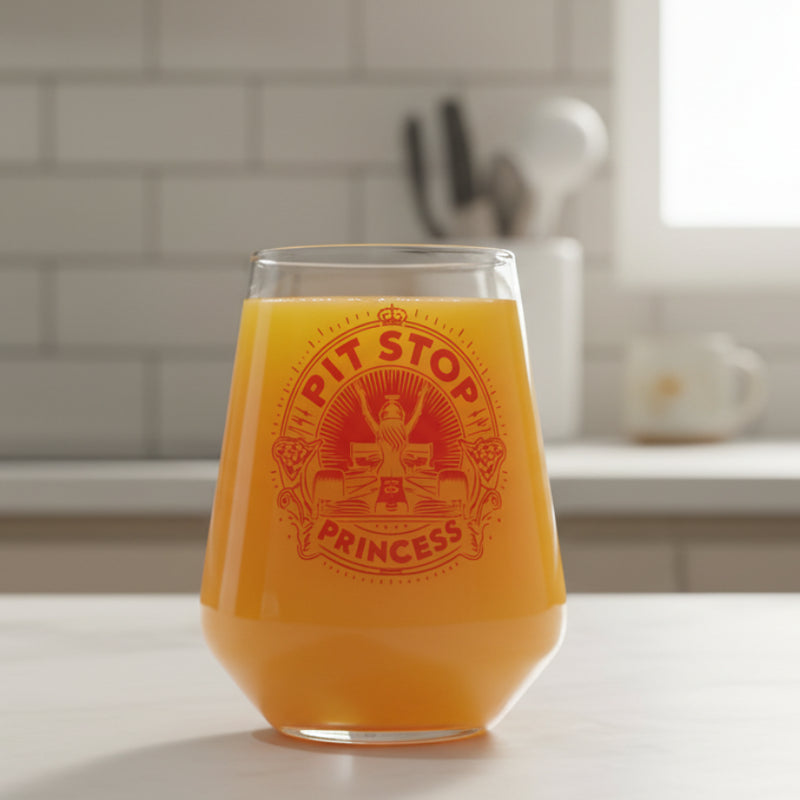 Pit Stop Princess personalised racing can glass — lifestyle shot