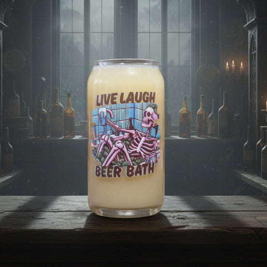 Can of 'Live Laugh Beer Bath' with a skeleton design on a wooden surface.