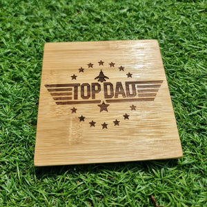 Close up of laser engraved Top Dad aviation design on premium bamboo coaster, unique personalised gift for dad