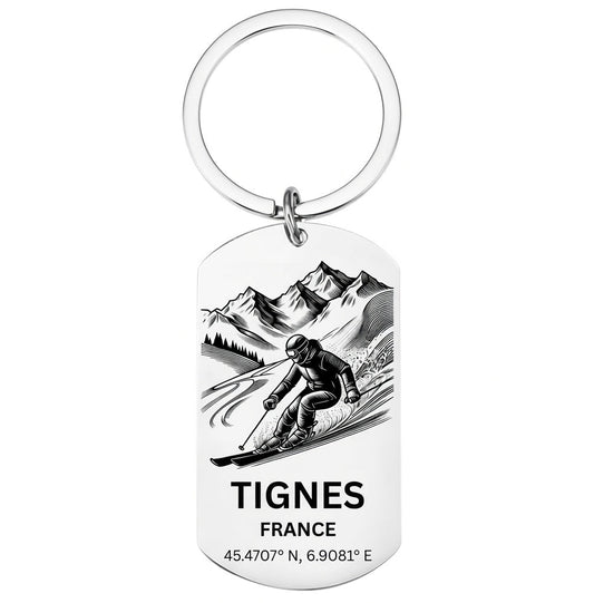 Tignes Skiing Keyring | Personalised French Alps Gift UK First Glass Designs