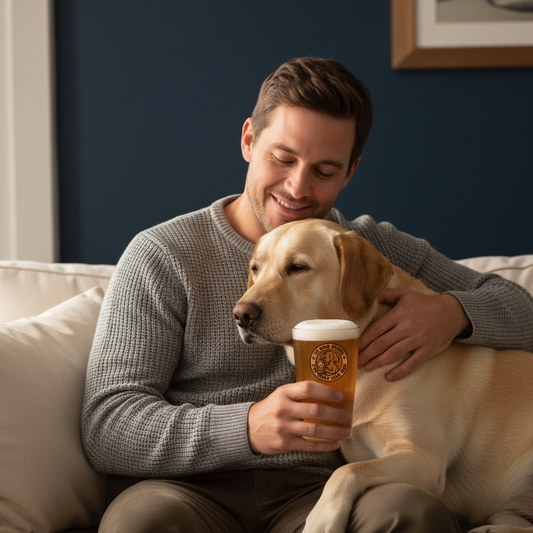 Man holding a personalised beer glass and sitting on a couch with a dog