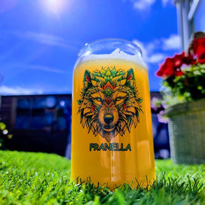 Custom printed beer can glass featuring a mandala wolf design with personalised name