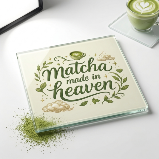 A square glass coaster or trivet with a printed design reading 'Matcha made in heaven' in green script, surrounded by leafy vines, clouds, and small stars. The item is shown on a white surface with matcha powder scattered nearby, and a cup of matcha latte appears in the upper right.