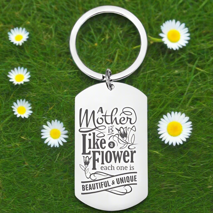Personalised Engraved Mother Keyring – "A Mother is Like a Flower, Each One Beautiful & Unique" Gift for Mum