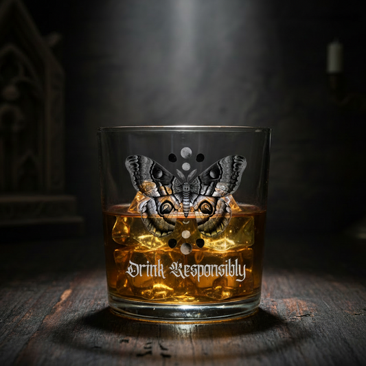 Personalised gothic whiskey glass with moth illustration and moon phase dot design on dark background