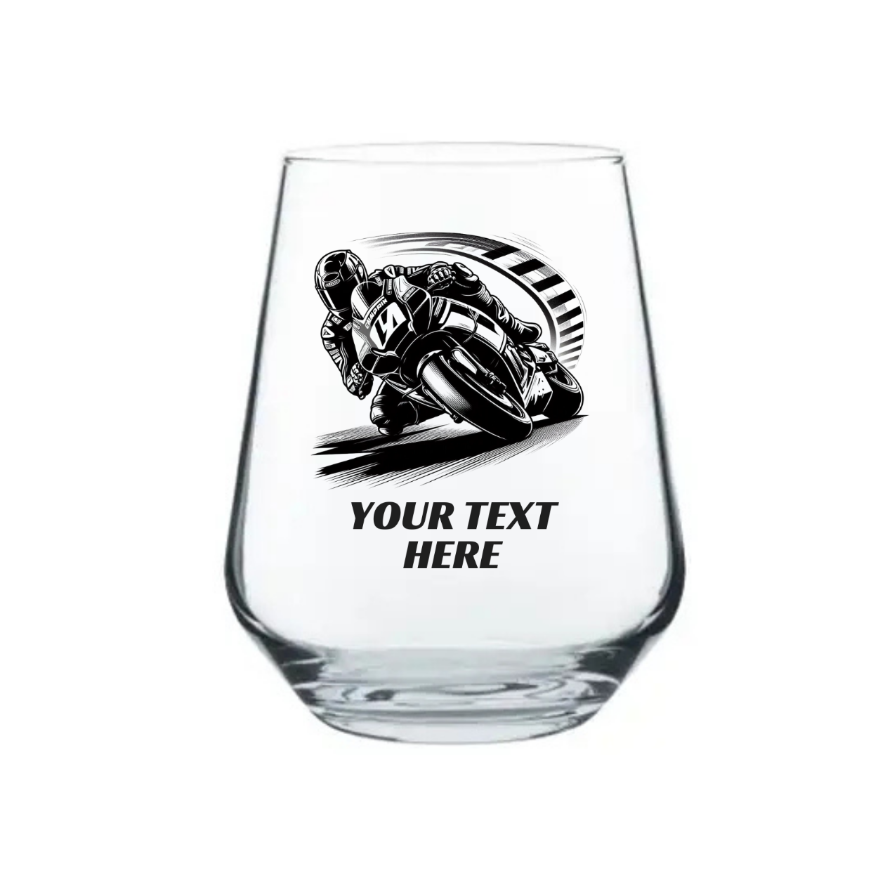 Clear glass with a motorcycle racer design and 'Your Text Here' text on a white background