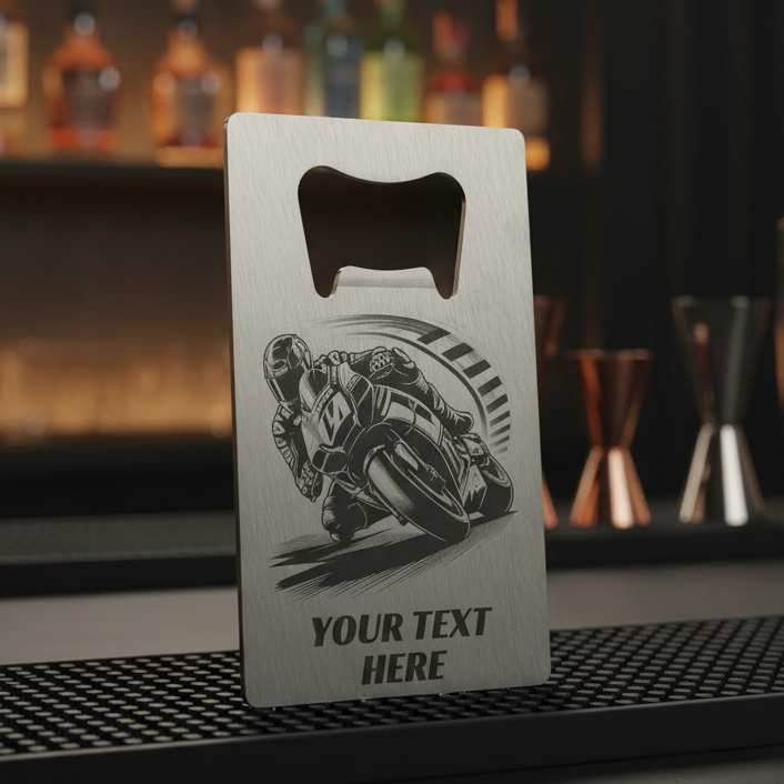 Personalised motorcycle bottle opener custom engraved racing biker speed design gift