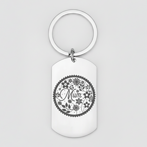 Stainless steel mum keyring laser engraved with a floral wreath design around the word Mum