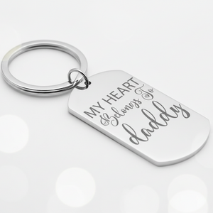 Stainless steel keyring with the engraving 'My Heart Belongs to Daddy' on a tag.