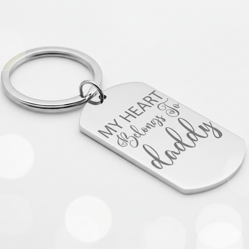 Stainless steel keyring with the engraving 'My Heart Belongs to Daddy' on a tag.