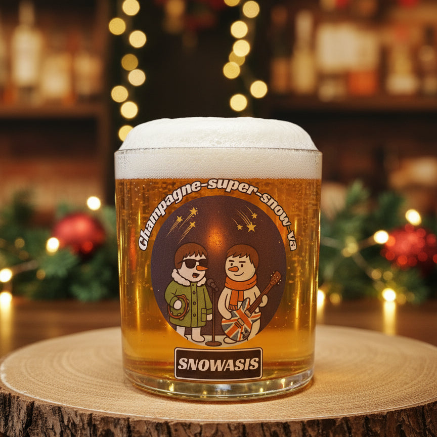 Oasis-inspired Christmas beer glass featuring two snowmen resembling the Gallagher brothers and the phrase “Champagne Super-Snow-Va” – funny festive pint glass gift.