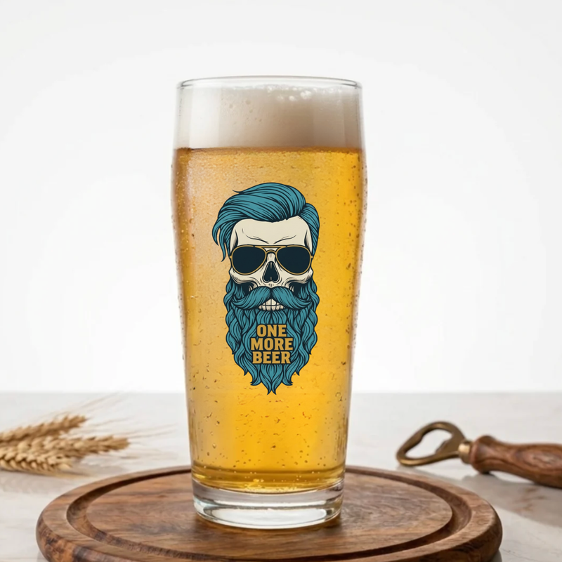 One More Beer Hipster Skull Glass | Custom Printed Beer Gift UK First Glass Designs