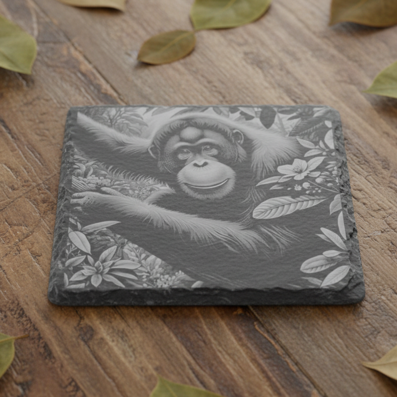 Personalised slate or bamboo coaster featuring a highly detailed engraved orangutan design, natural texture with intricate linework, perfect for animal lovers, wildlife-themed gift, or unique home décor accessory.