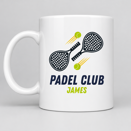 Custom printed ceramic mug featuring a Padel Club design with personalised name