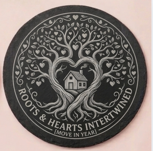 Personalised slate coaster with family tree and house design, move in year engraved, unique housewarming gift