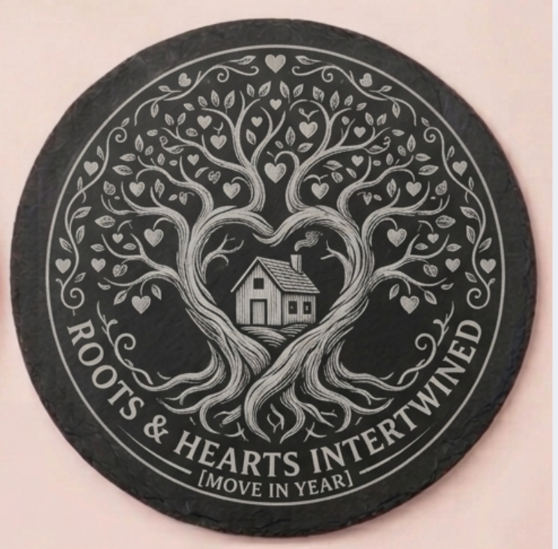 Personalised slate coaster with family tree and house design, move in year engraved, unique housewarming gift