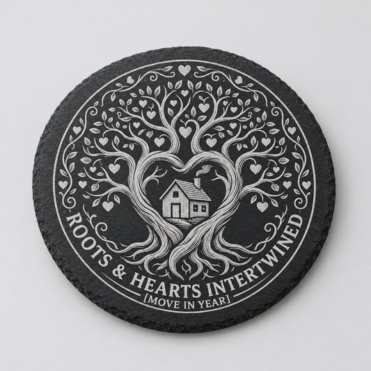 Personalised new home slate coaster laser engraved with a heart-shaped tree of life and house design, showing move-in year