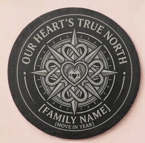 Personalised slate coaster with compass heart design, family name and move in year, unique new home gift