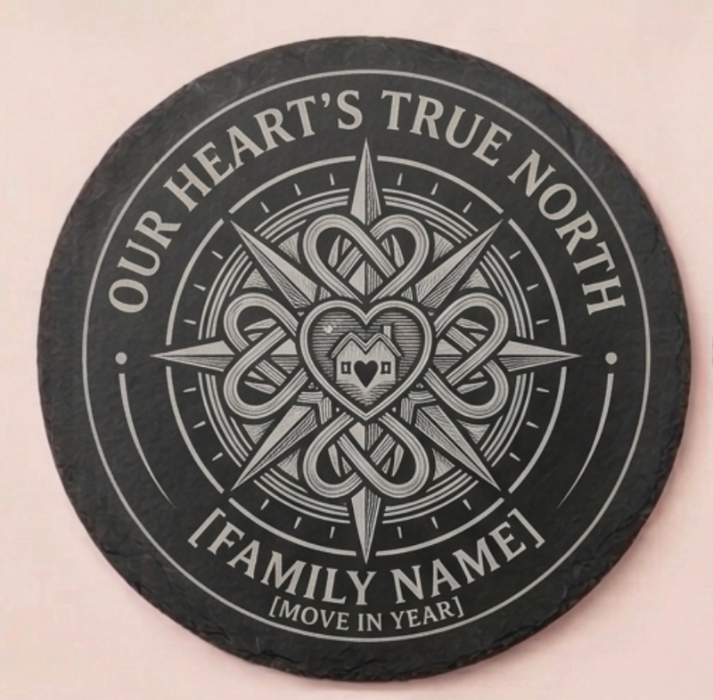 Personalised slate coaster with compass heart design, family name and move in year, unique new home gift