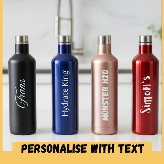 Personalised insulated water bottle with custom name or text, available in black, navy, rose gold and red
