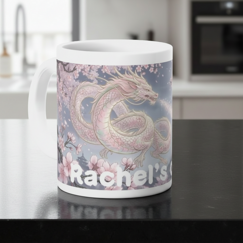 Personalised mug for her with custom name and cherry blossom dragon wrap around print