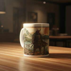 Personalised Japanese Oni demon samurai mug with landscape design, unique gift for him