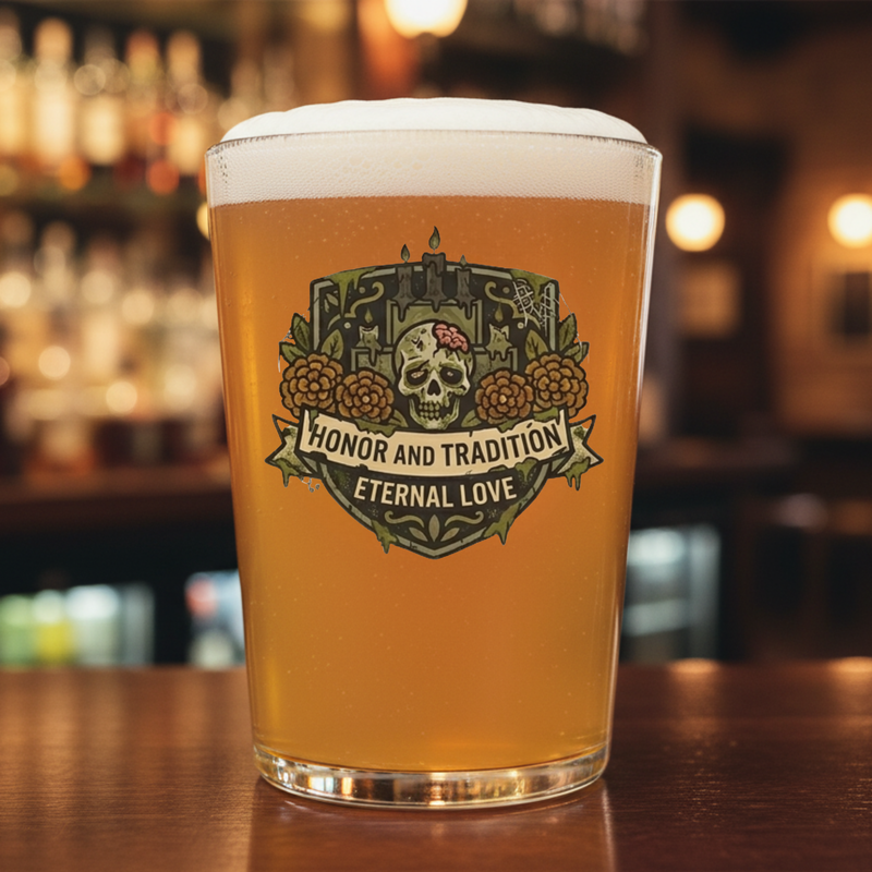 Personalised sugar skull pint glass with marigold and crest design, custom Day of the Dead gift for him