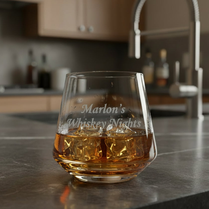 Close up of custom printed personal name design on personalised 300ml tapered whiskey glass, upload your own design gift