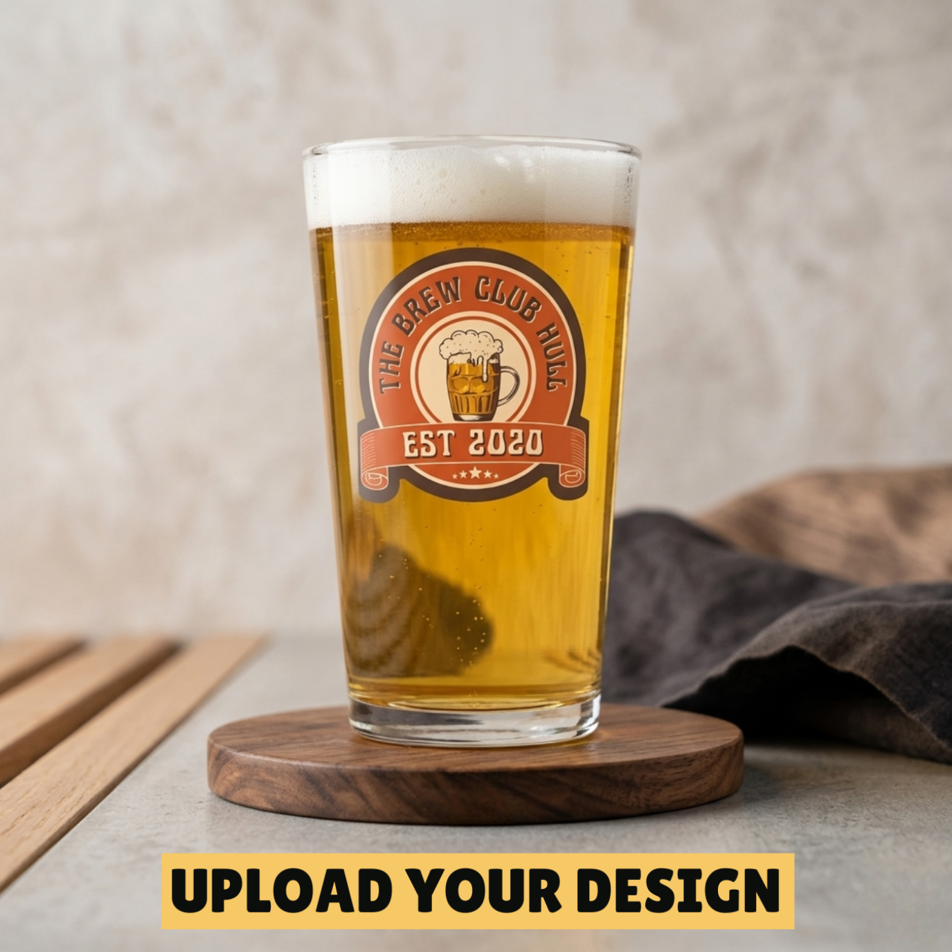 Personalised 1-pint conical pint glass printed with a custom design, shown as an example of full colour print quality on the classic tapered conical shape