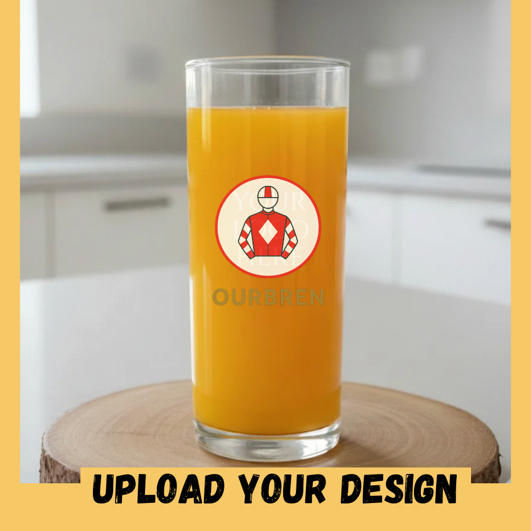 Close up of custom printed horse racing jockey circular design on personalised Senator pint glass, upload your own design
