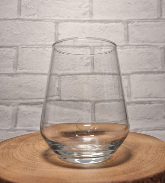 Personalised Allegra stemless glass with custom printed design — wide rounded bowl shape suitable for wine, beer, gin and cocktails