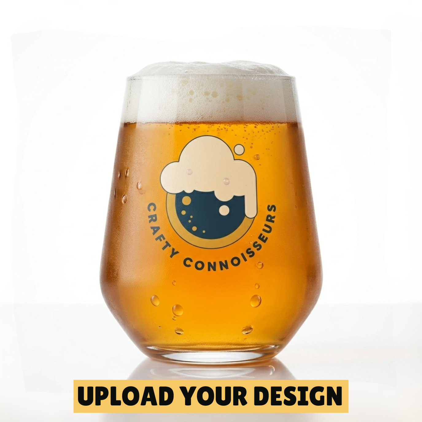 personalised Allegra stemless glasses printed with Crafty Connoisseurs logo in blue and gold, flanking a craft beer can — showing full colour print quality on the rounded teardrop-shaped glass